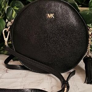 Michael Kors Delaney Canteen Shaped Black Pebbled Leather Crossbody Bag w/Tassel